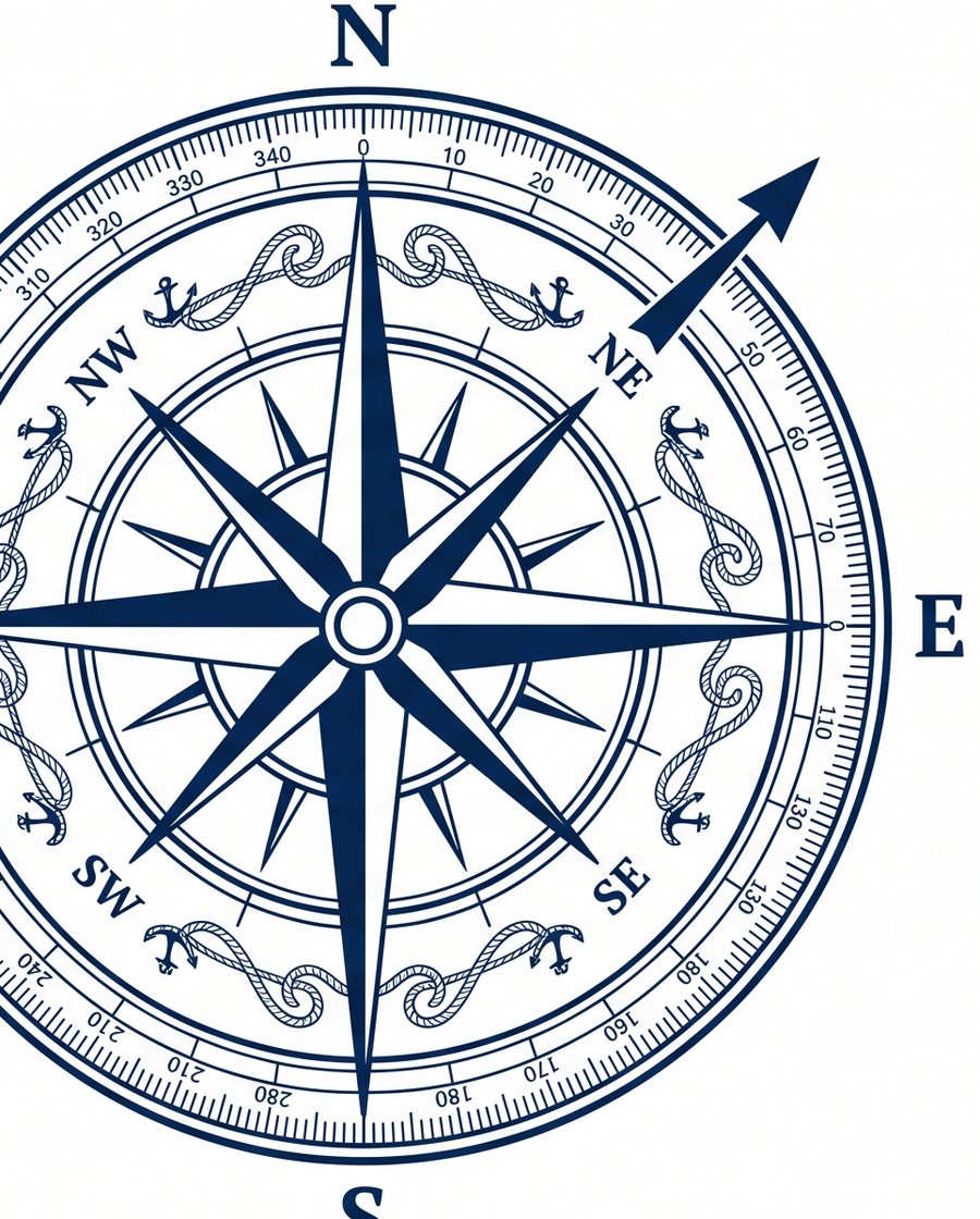Detailed compass rose drawn in navy on a chart
