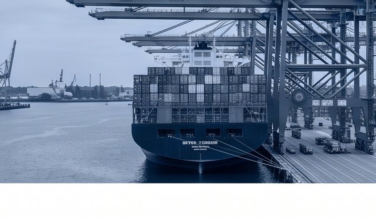Ship-to-shore cranes working a vessel at the container berth