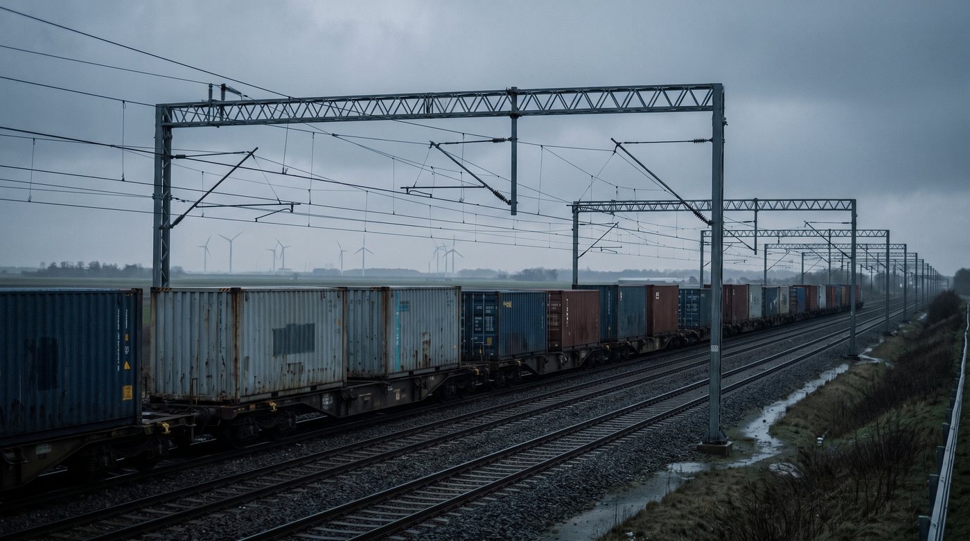 Containerzug auf elektrifizierter Strecke in Norddeutschland