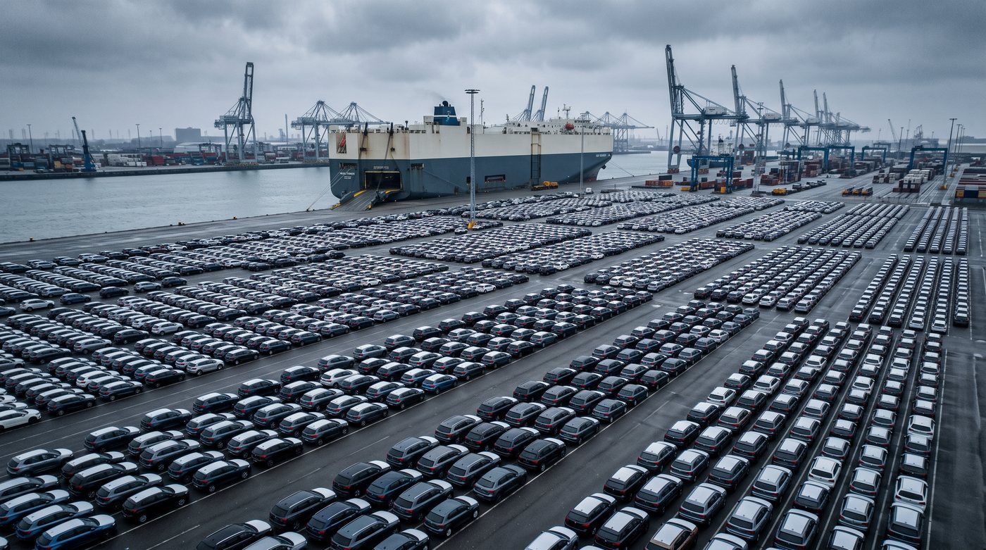 New vehicles lined up on a port terminal apron awaiting export