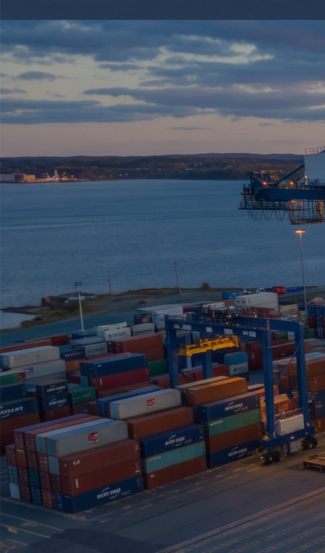 Container terminal at Halifax at first light, gantry cranes over stacked containers