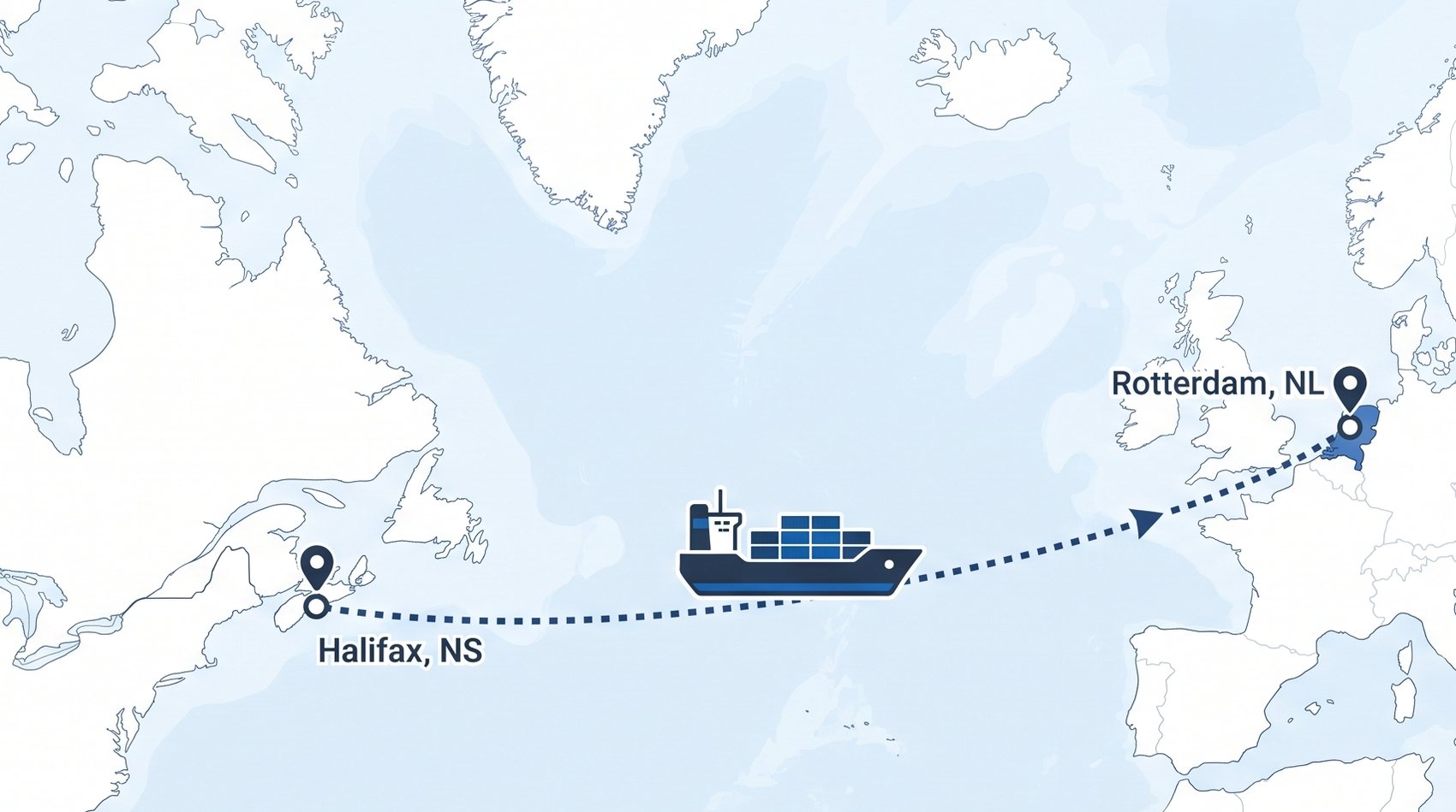 Map of the North Atlantic showing the route from Halifax, Nova Scotia to Rotterdam, the Netherlands