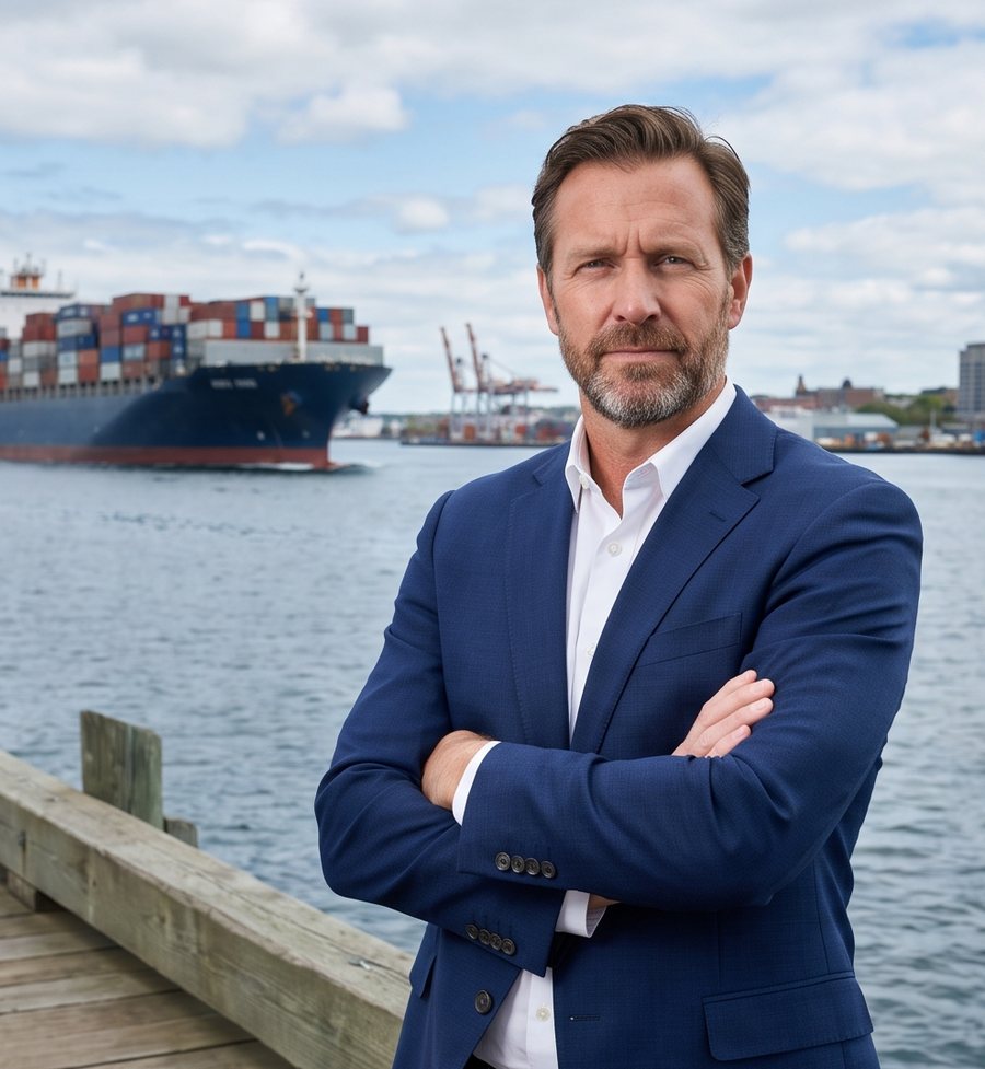 Placeholder portrait on the Halifax waterfront with a container vessel behind