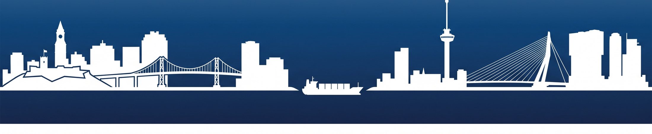 Silhouetted skylines of Halifax and Rotterdam joined across the water