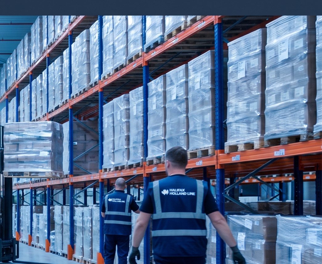 Racked pallets inside a bonded warehouse with staff working