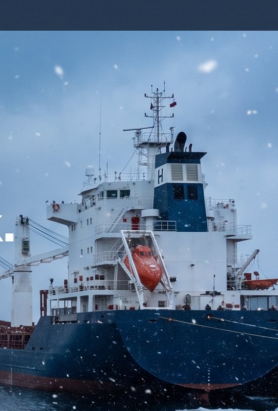 Vessel alongside in winter conditions with snow falling