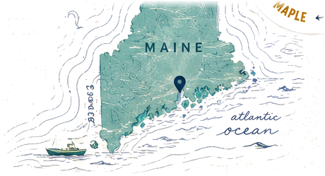 Hand-drawn map of Maine with a pin on the coast near Portland
